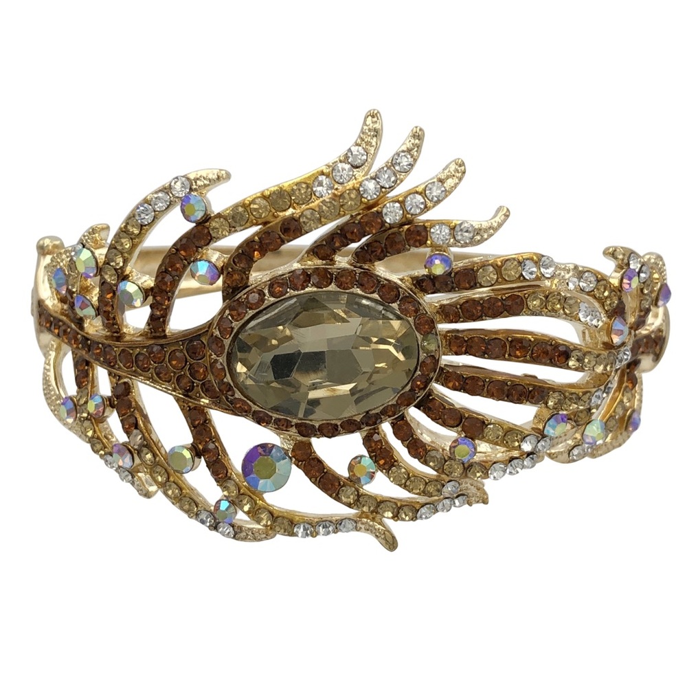 Brown Gold Peacock Feather Rhinestone Statement Gold Hinged Bangle Bracelet